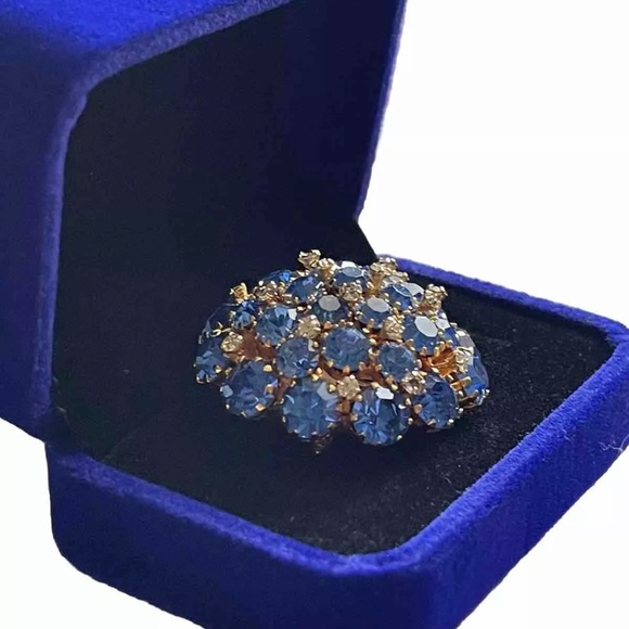 Made in Austria Blue Rhinestone Brooch Pin Gold Tone Dome Costume Jewelry - Picture 3 of 14
